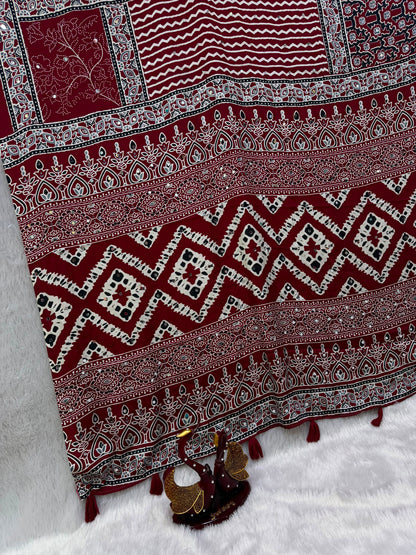 Ajrakh Crepe Silk Real Mirror Work Saree – 99 AED