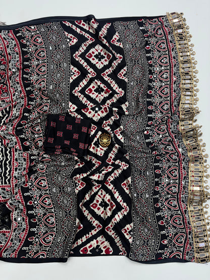 Ajrakh Crepe Silk Real Mirror Work Saree – 99 AED