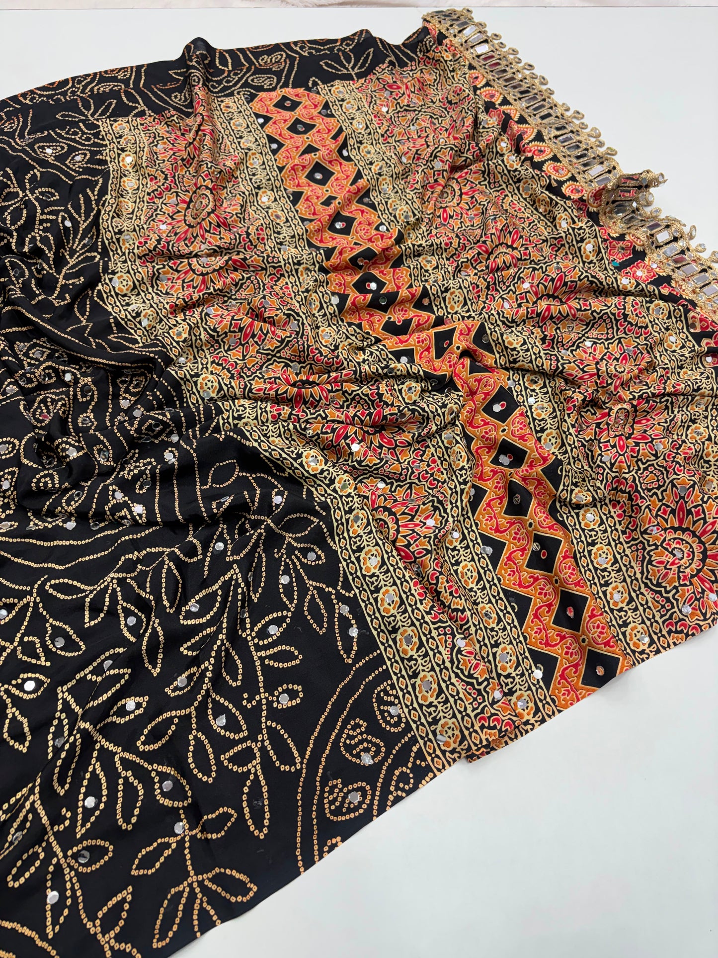 Ajrakh Crepe Silk Real Mirror Work Saree – 99 AED
