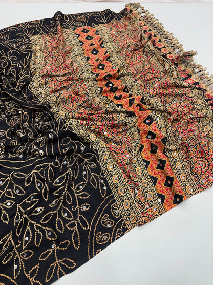 Ajrakh Crepe Silk Real Mirror Work Saree – 99 AED