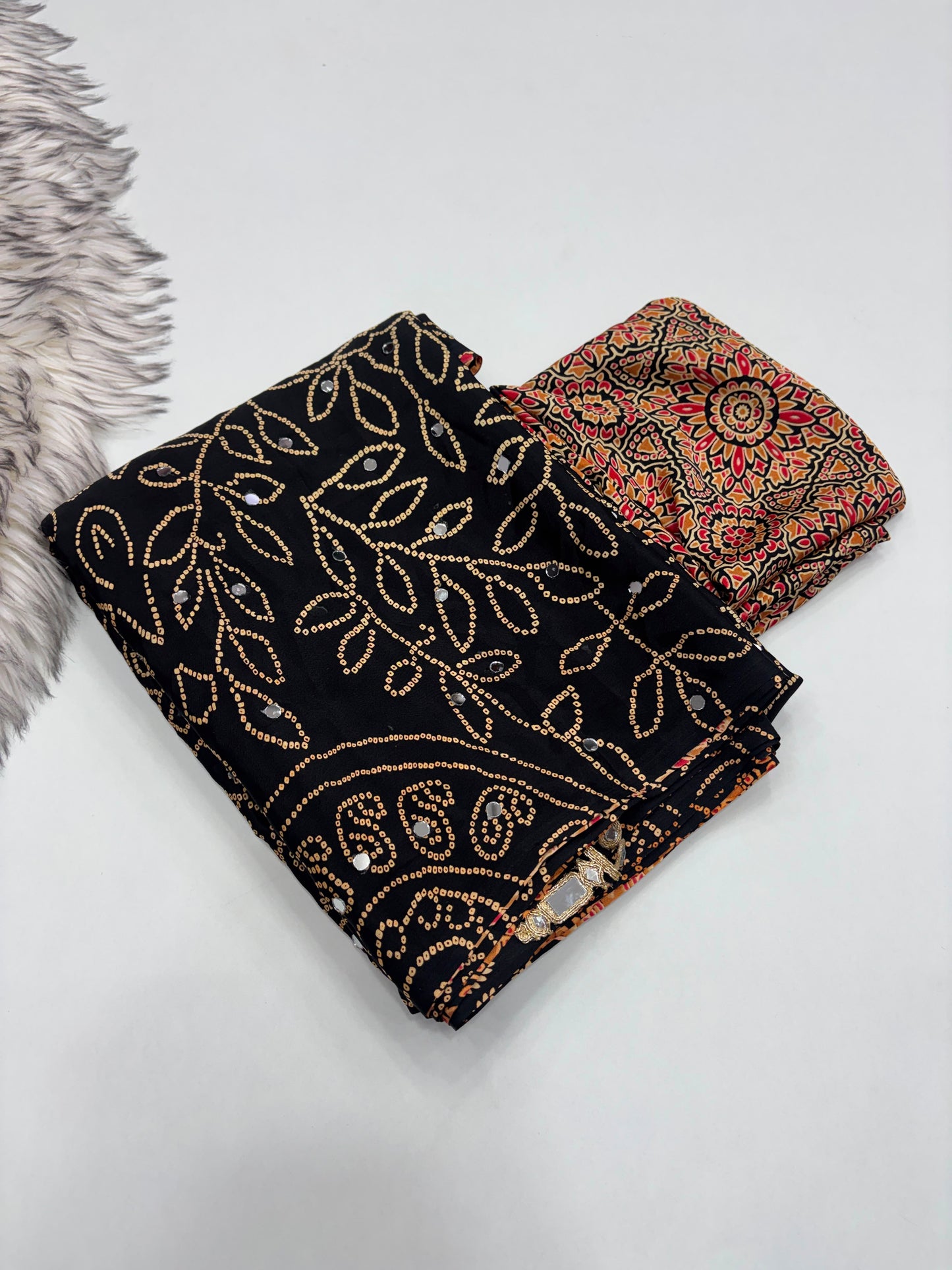 Ajrakh Crepe Silk Real Mirror Work Saree – 99 AED