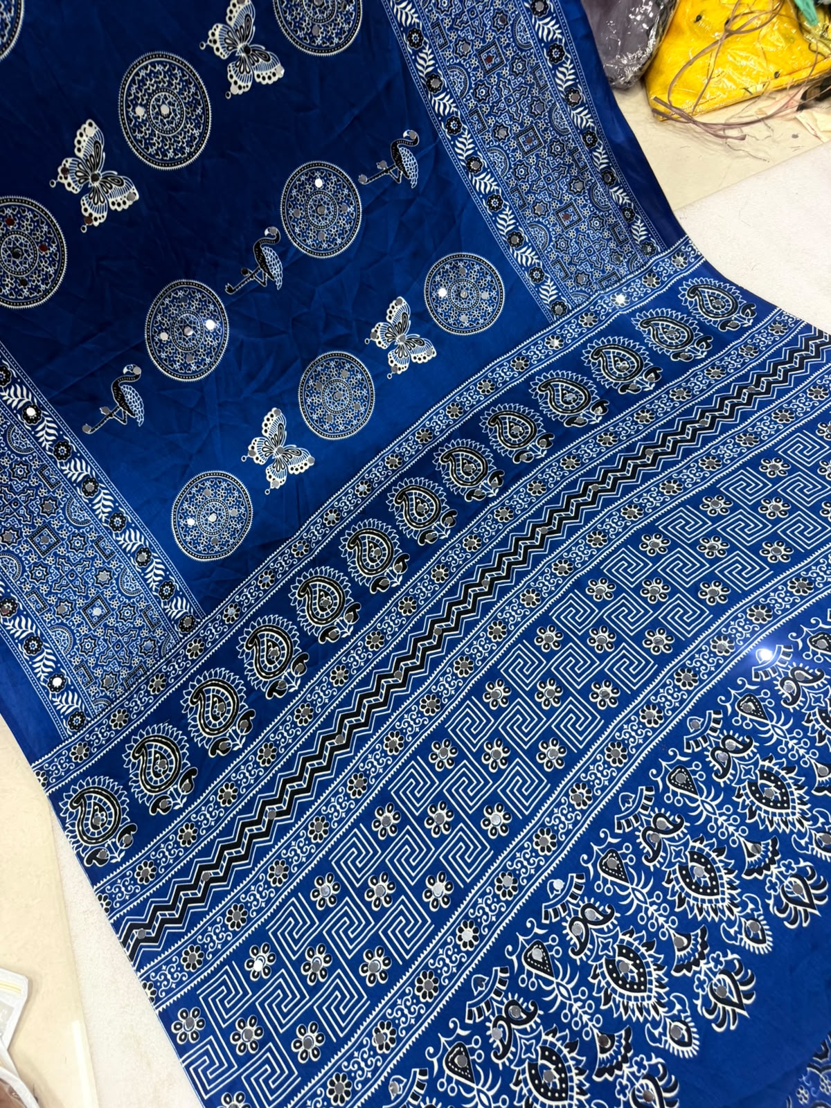 Ajrakh Crepe Silk Real Mirror Work Saree – 99 AED