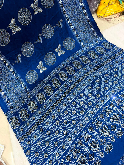 Ajrakh Crepe Silk Real Mirror Work Saree – 99 AED