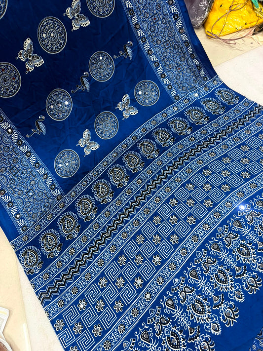 Ajrakh Crepe Silk Real Mirror Work Saree – 99 AED