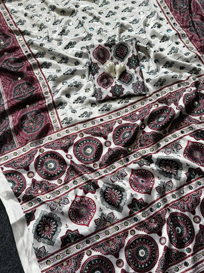 Ajrakh Crepe Silk Real Mirror Work Saree – 99 AED
