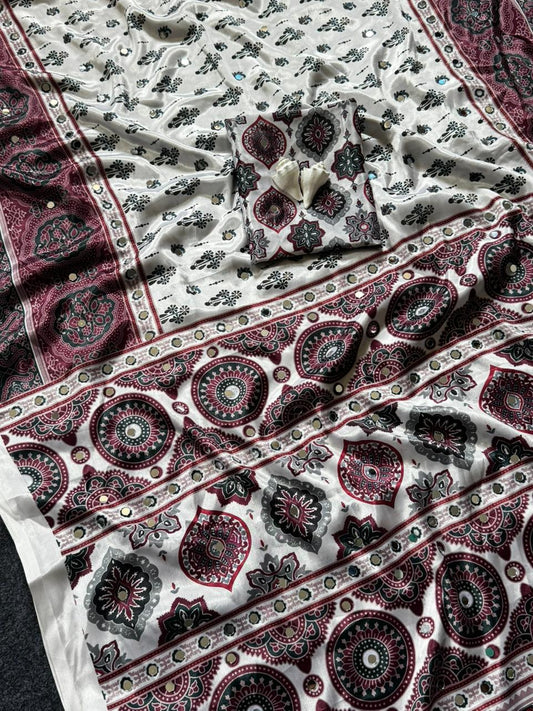 Ajrakh Crepe Silk Real Mirror Work Saree – 99 AED