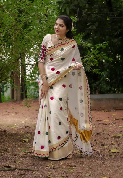 Linen Slub Cotton Saree with Polka Dots & Scalloped Borders – 75 AED