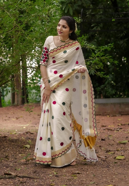 Linen Slub Cotton Saree with Polka Dots & Scalloped Borders – 75 AED
