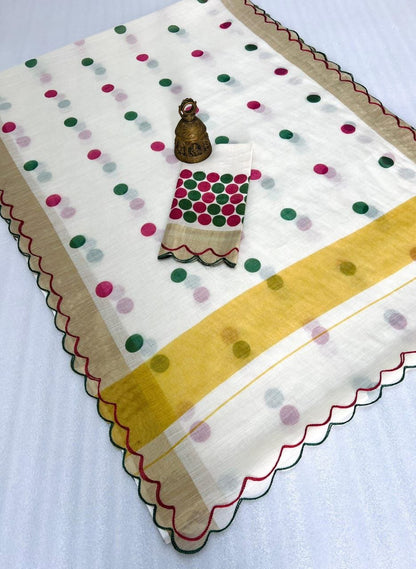 Linen Slub Cotton Saree with Polka Dots & Scalloped Borders – 75 AED