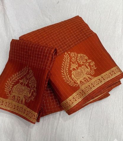 Viscose Chinnon Silk Saree with Checked Pattern & Viscose Zari Borders – 115 AED