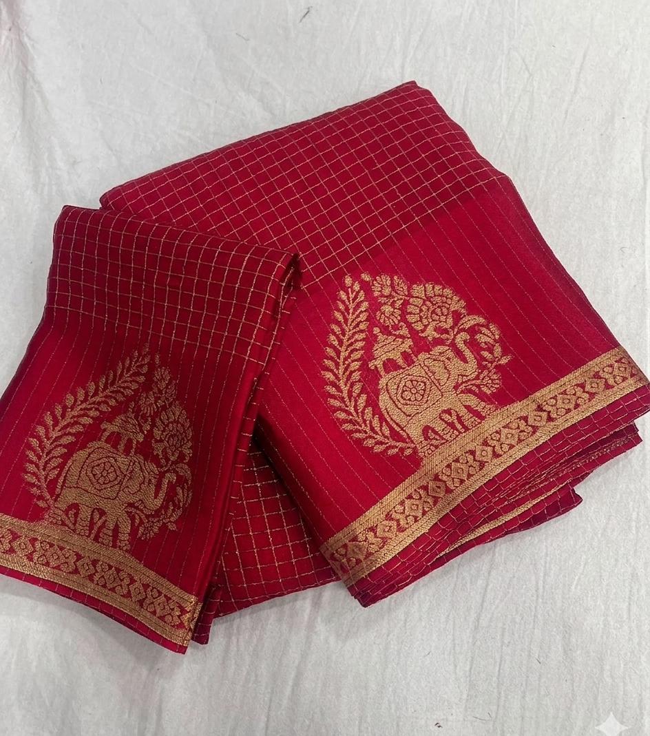 Viscose Chinnon Silk Saree with Checked Pattern & Viscose Zari Borders – 115 AED