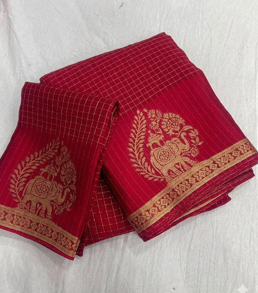 Viscose Chinnon Silk Saree with Checked Pattern & Viscose Zari Borders – 115 AED