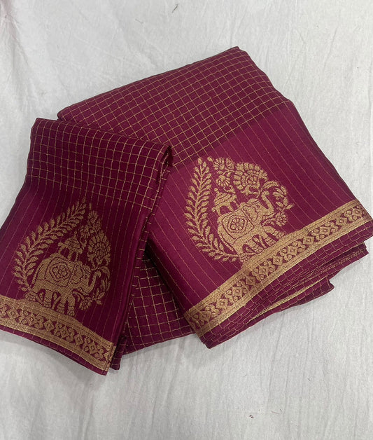 Viscose Chinnon Silk Saree with Checked Pattern & Viscose Zari Borders – 115 AED