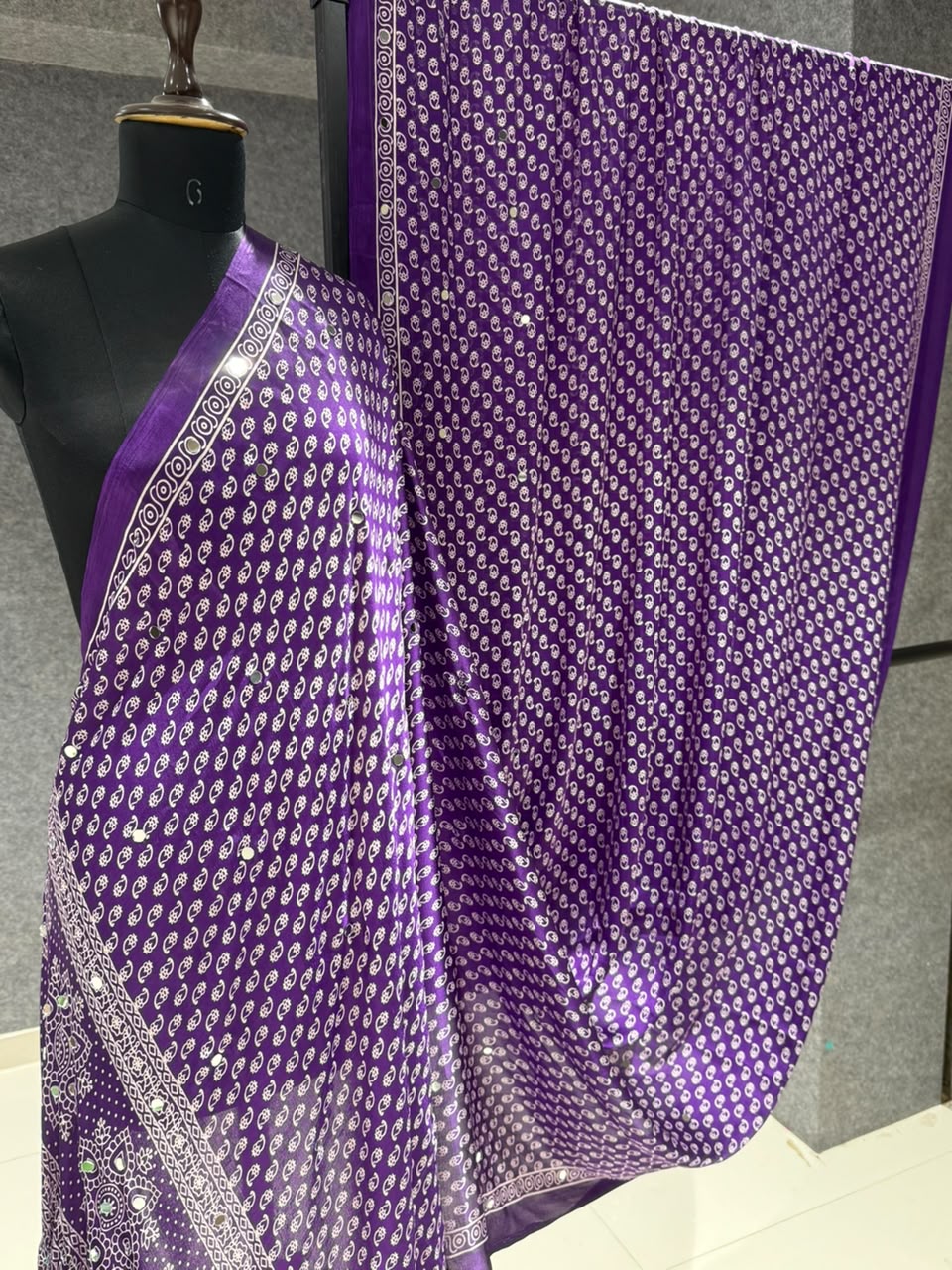 Real Mirror Work Ajrakh Crepe Silk Saree – 99 AED