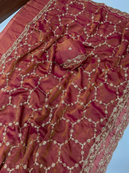 Moss Chiffon Silk Saree with Dual Tone Effect & Sequence Embroidery – 99 AED