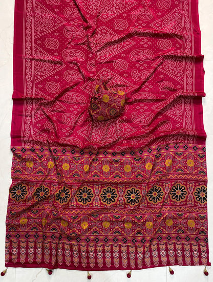 Ajrakh Semi Modal Silk Saree