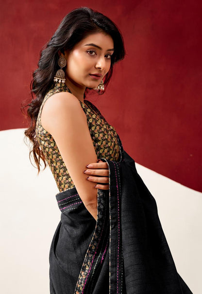Semi Tussar Silk Saree with Katha Thread Work Borders