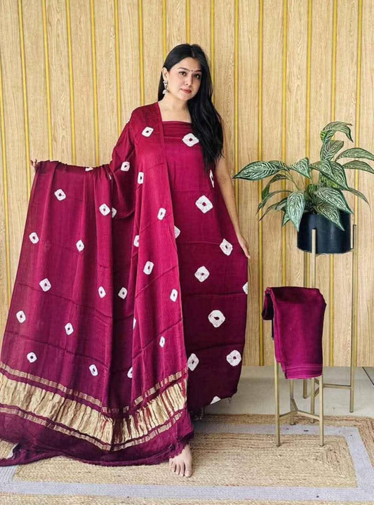 Chanderi Silk Batik Bandhini Unstitched Three Piece Suits with Chanderi Silk Dupatta CSBBUTPS  6