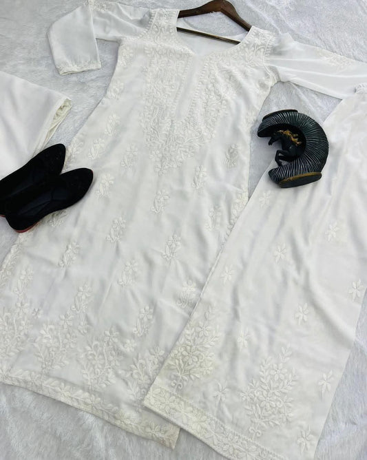 Rayon Cotton Chikankari Embroidered Co-Ord Set – Large Size