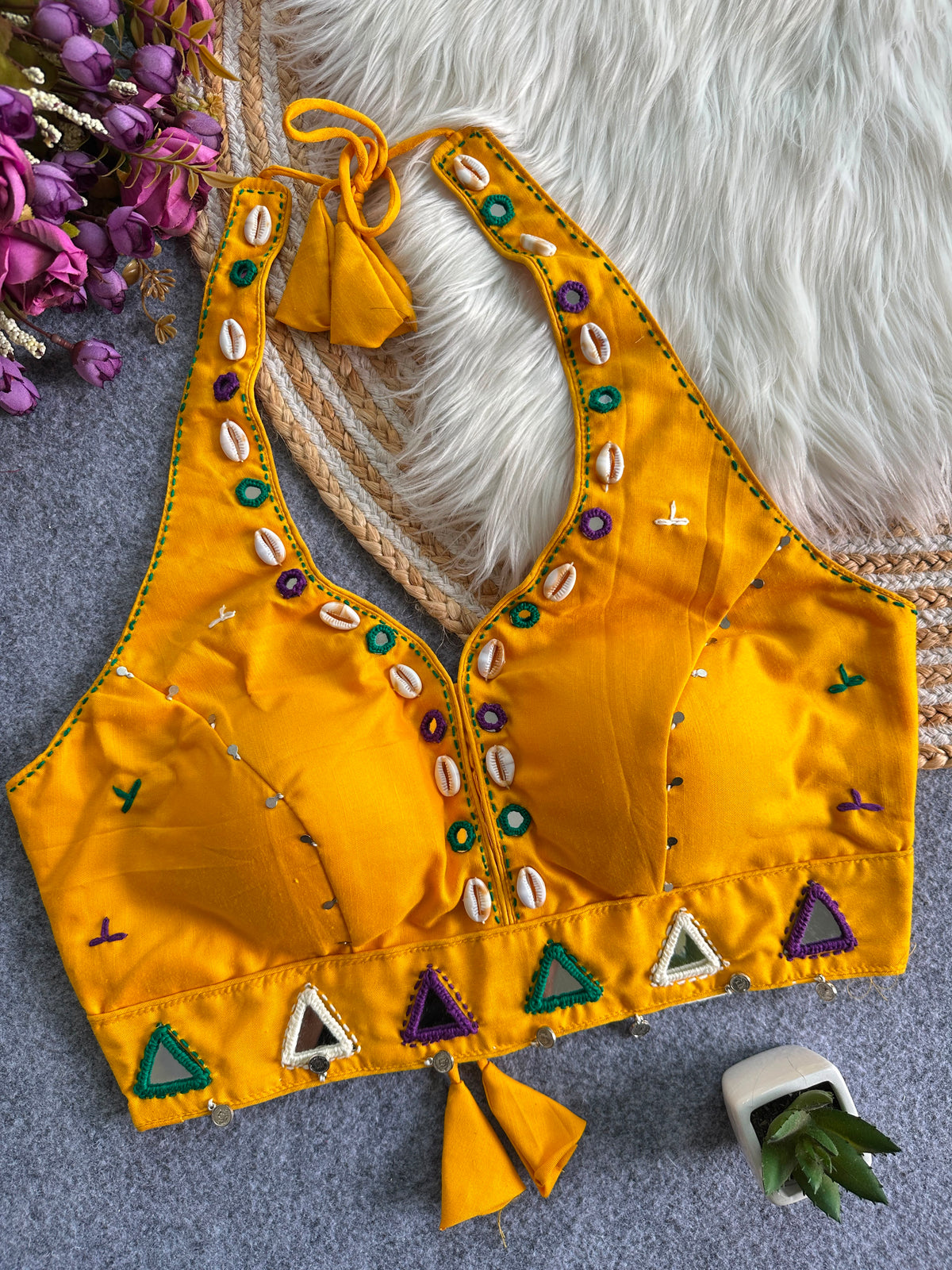 Navaratri Kodi & Mirror Work Halter Neck Readymade Blouse