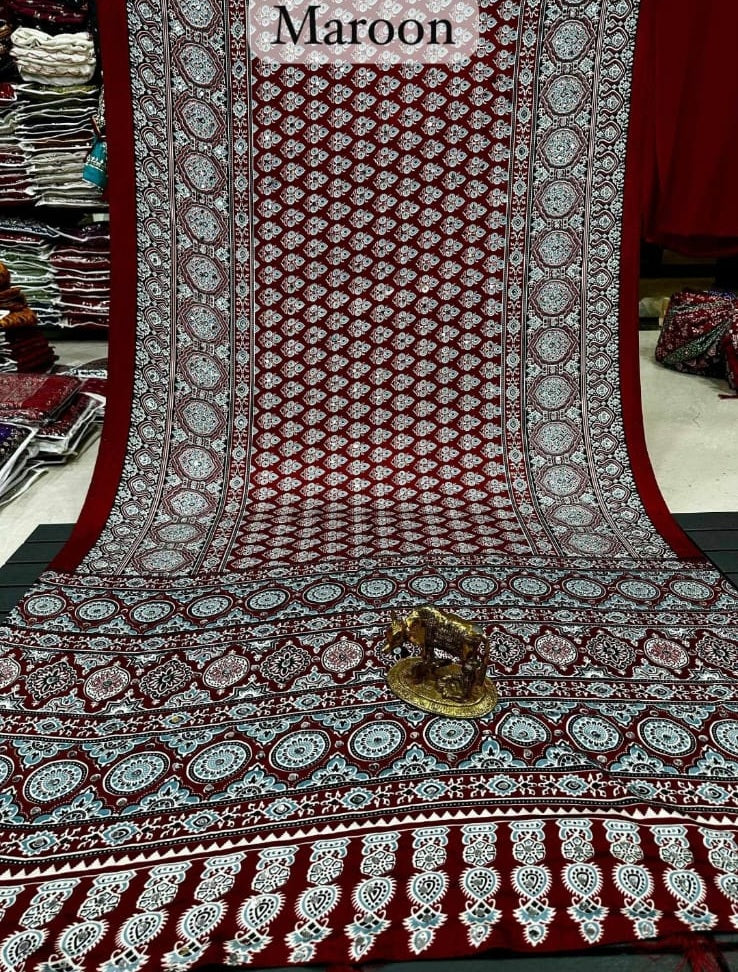 Ajrakh Modal Silk Saree with Real Mirror Work