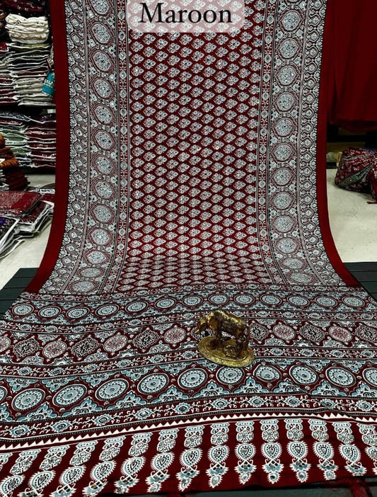 Ajrakh Modal Silk Saree with Real Mirror Work