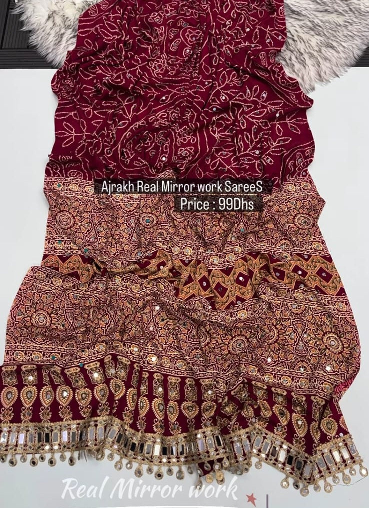 Ajrakh Modal Silk Saree with Real Mirror Work