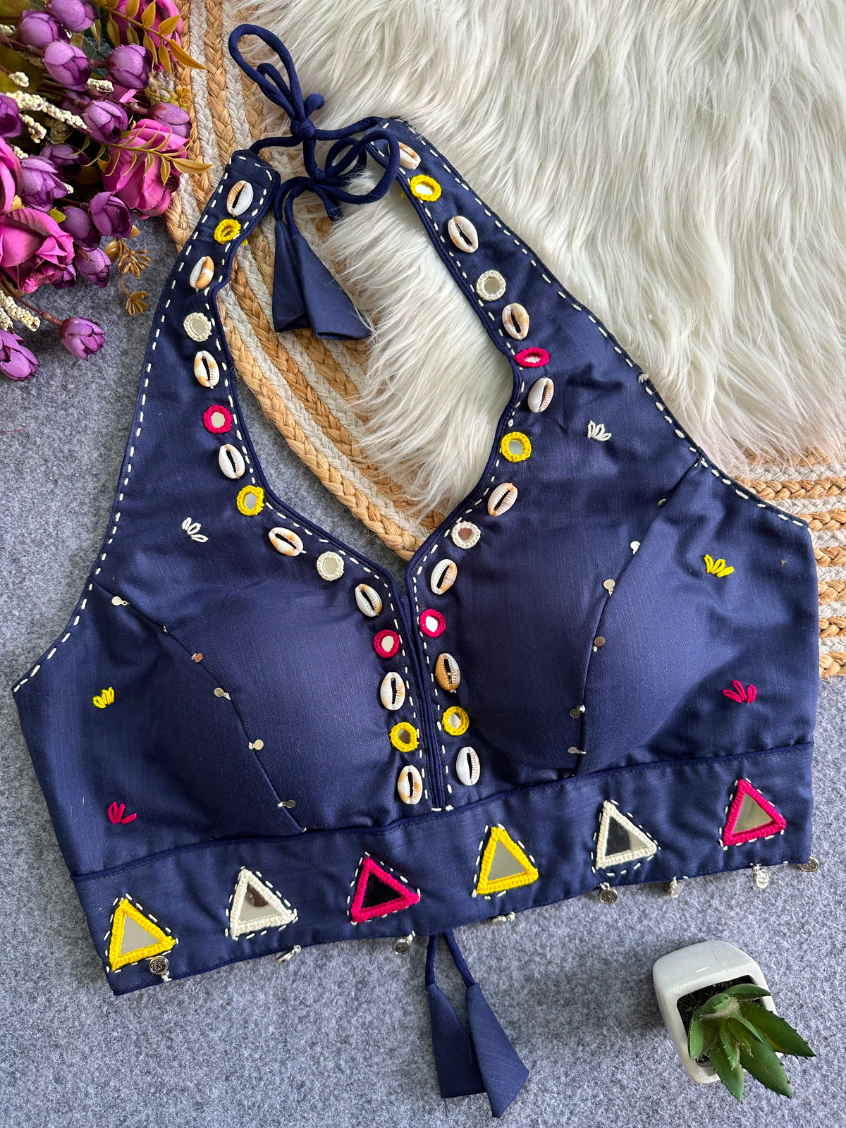 Navaratri Kodi & Mirror Work Halter Neck Readymade Blouse