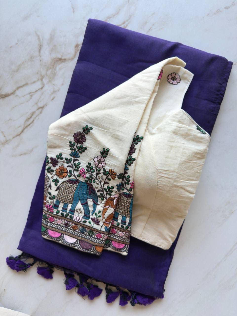 Khadi Cotton Plain Saree with Long Sleeve Embroidered Readymade Blouse – 99 AED