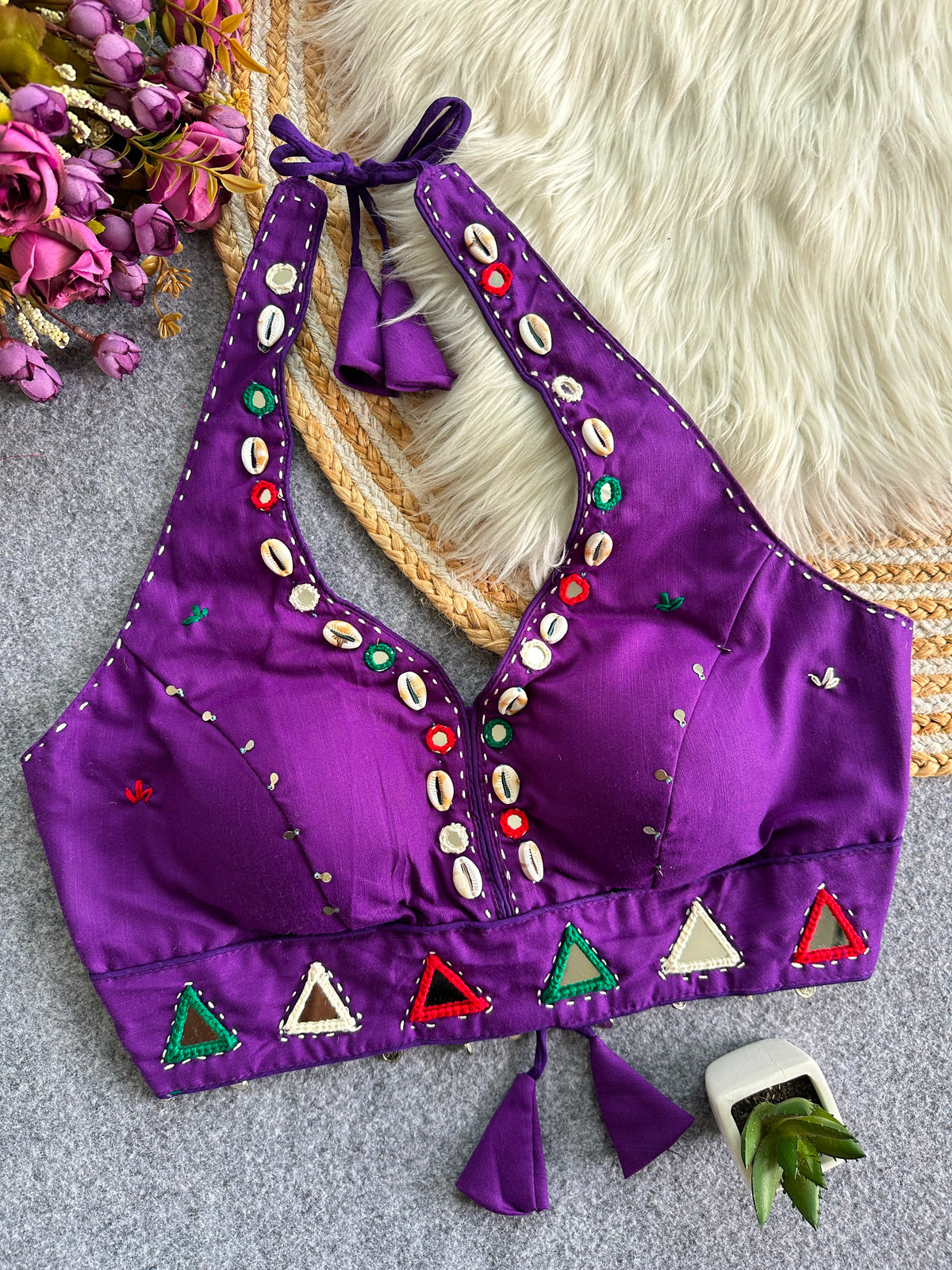 Navaratri Kodi & Mirror Work Halter Neck Readymade Blouse