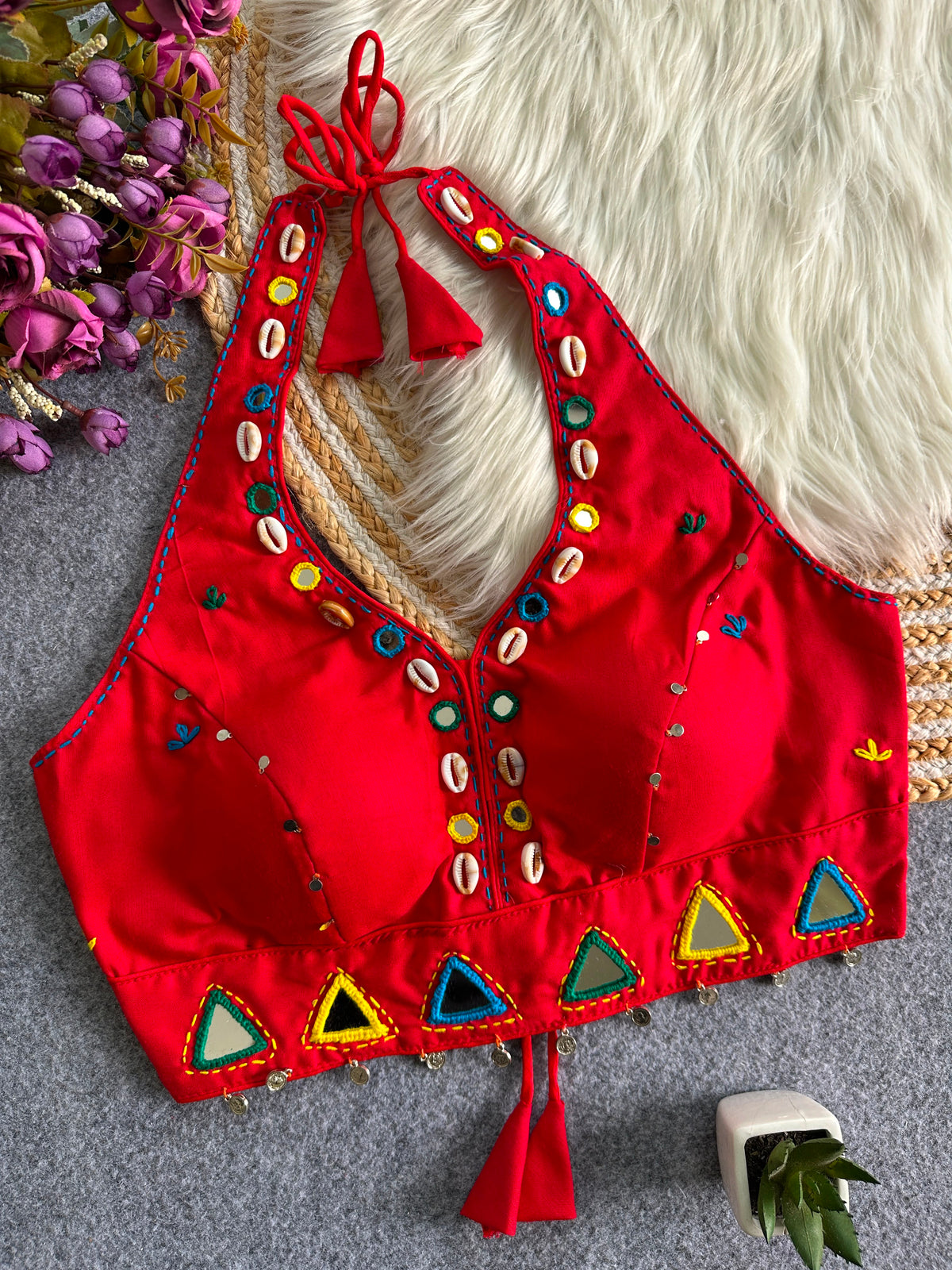 Navaratri Kodi & Mirror Work Halter Neck Readymade Blouse