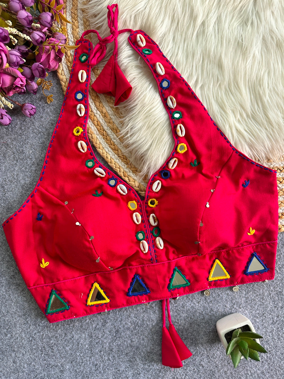 Navaratri Kodi & Mirror Work Halter Neck Readymade Blouse