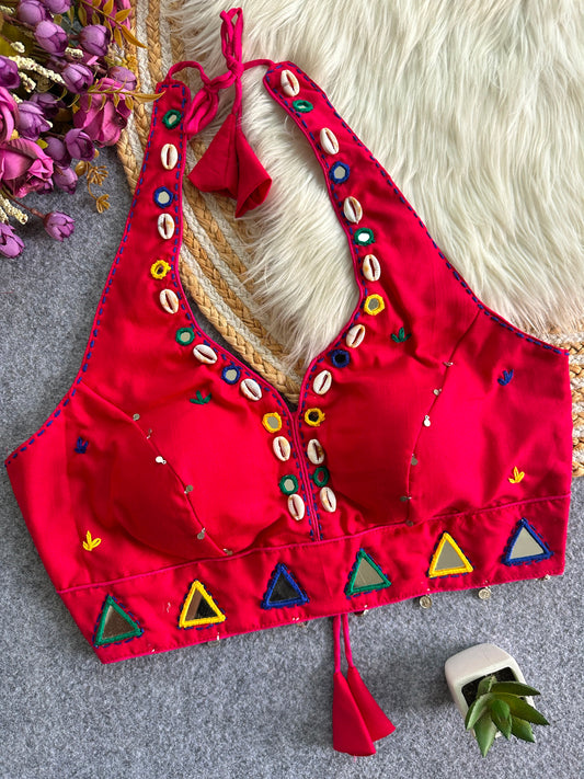 Navaratri Kodi & Mirror Work Halter Neck Readymade Blouse