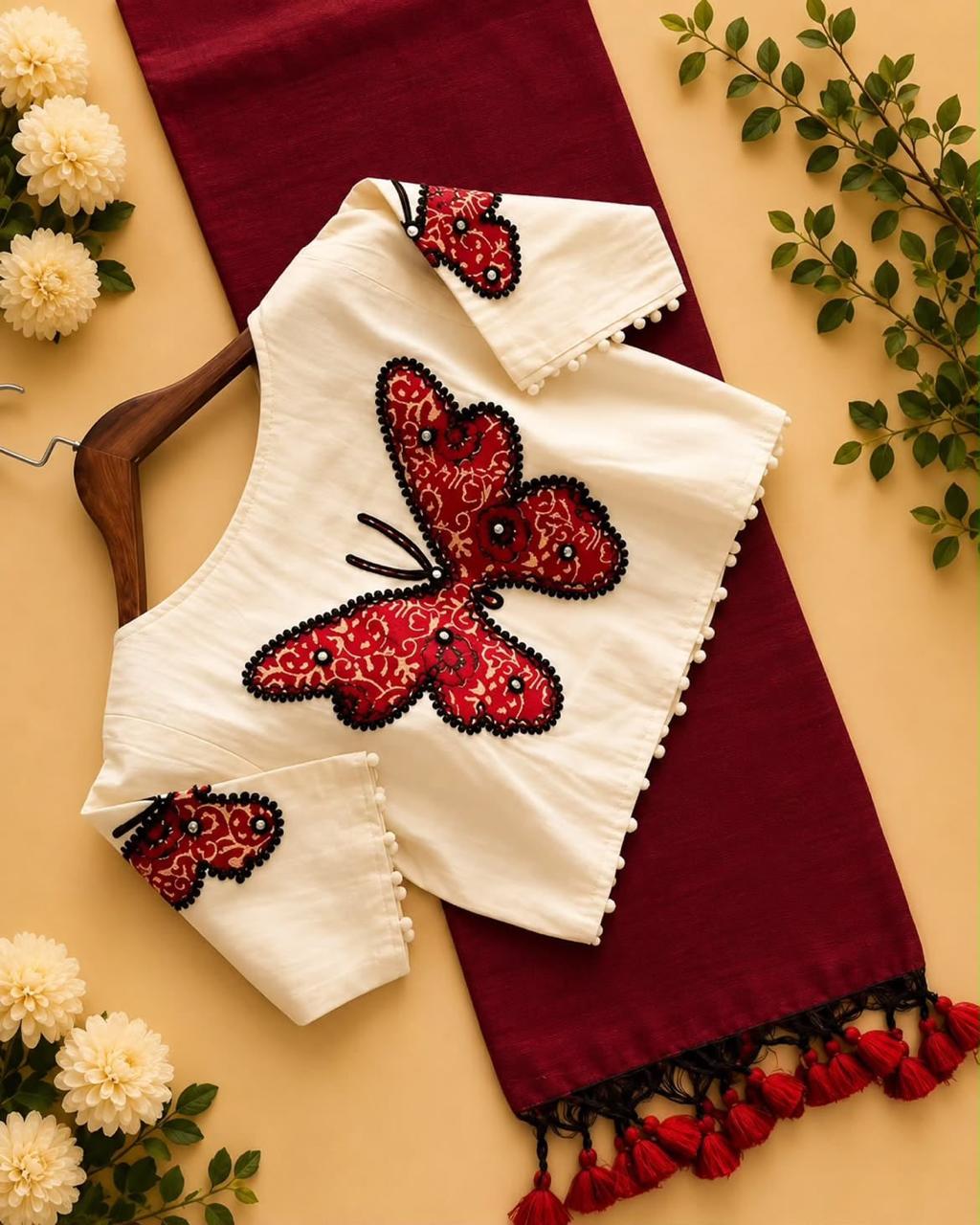 Khadi Cotton Saree with Appliqué Embroidery & Ajrakh Patch Work Blouse – 99 AED