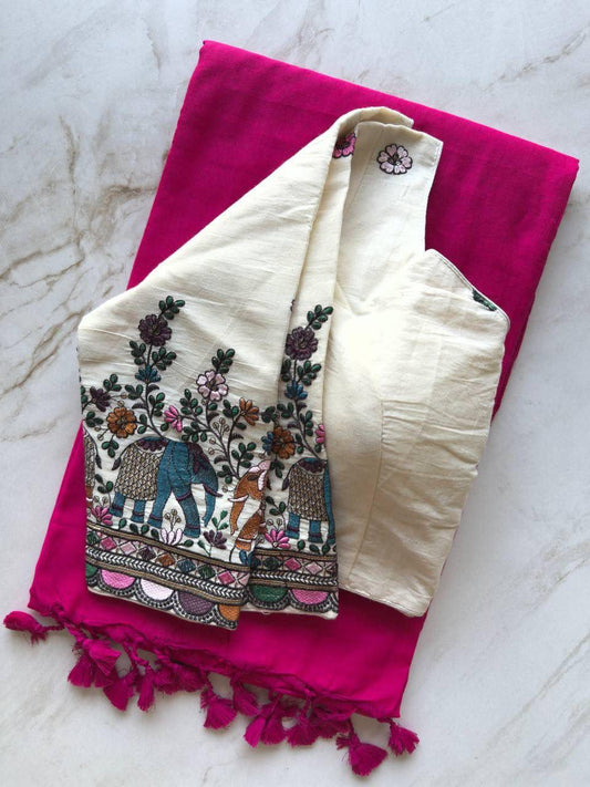Khadi Cotton Plain Saree with Long Sleeve Embroidered Readymade Blouse – 99 AED