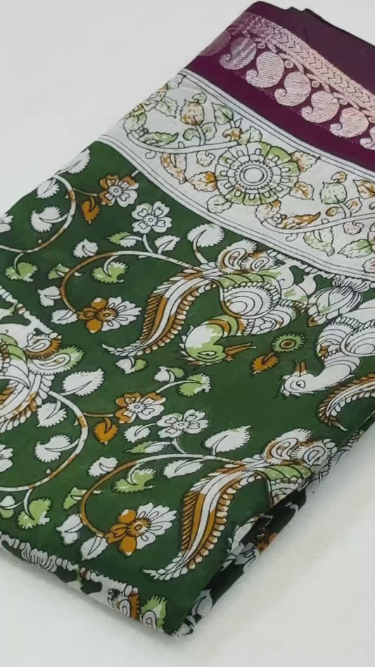 Mangalagiri Silk Saree with Kalamkari Art - Green