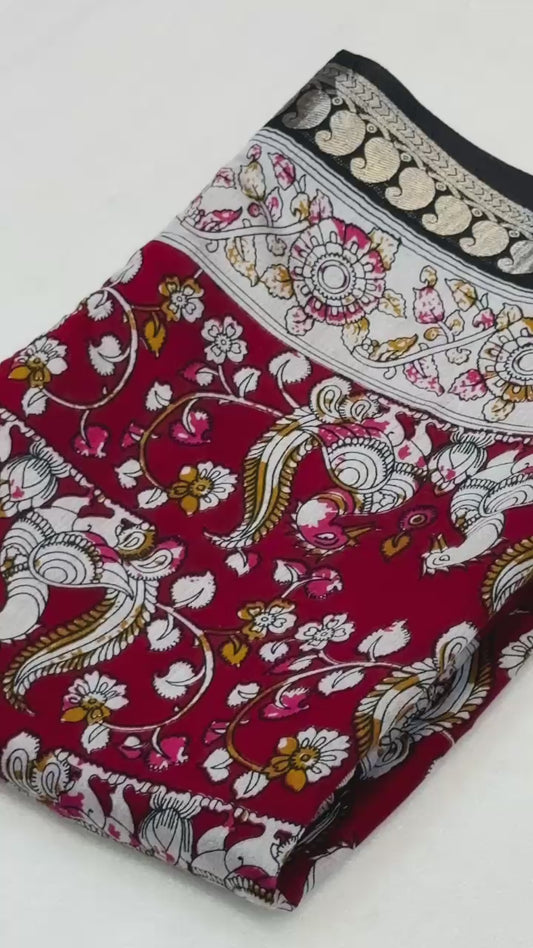 Mangalagiri Silk Saree with Kalamkari Art - Red