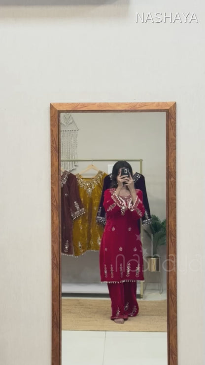 Velvet Real Mirror Work Suit Set - RED