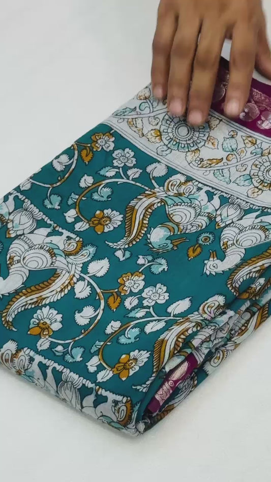 Mangalagiri Silk Saree with Kalamkari Art - Blue