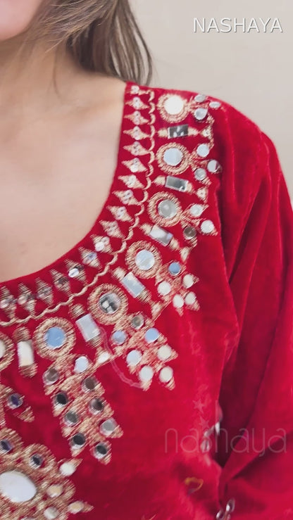 Velvet Real Mirror Work Suit Set - RED