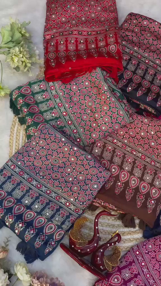 Ajrakh Crepe Silk Sarees with Real Mirror Work – 99 AED BROWN