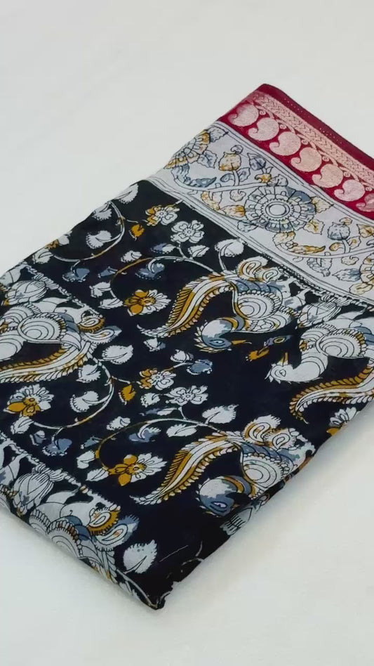 Mangalagiri Silk Saree with Kalamkari Art - Black