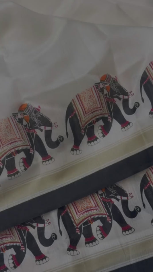 Mysore Khadi Silk Saree with HD Ikkat Style Print & Tassels (Elephant Design)