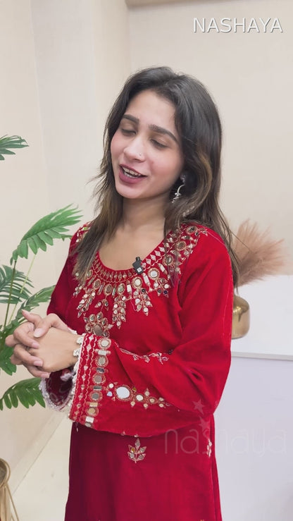 Velvet Real Mirror Work Suit Set - RED