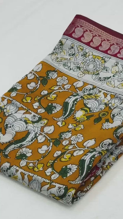 Mangalagiri Silk Saree with Kalamkari Art - Mustard