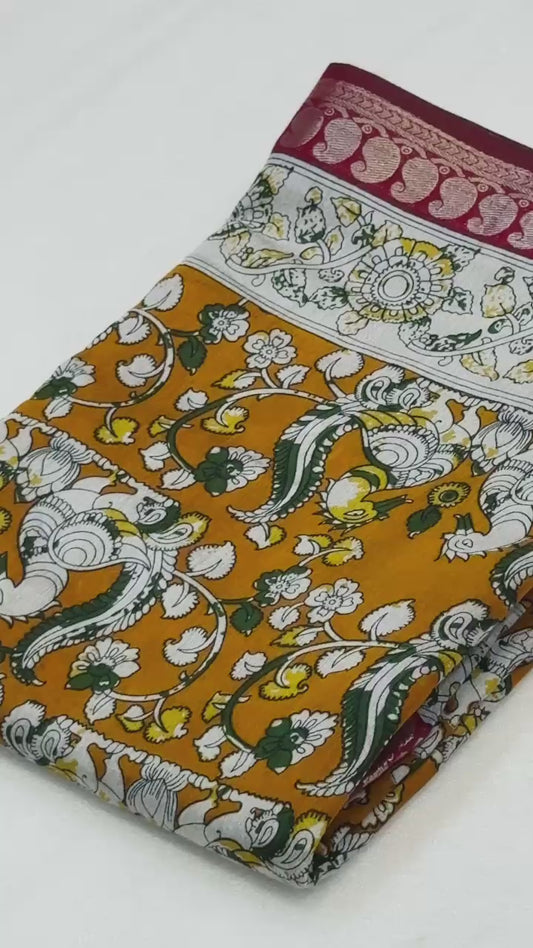 Mangalagiri Silk Saree with Kalamkari Art - Mustard