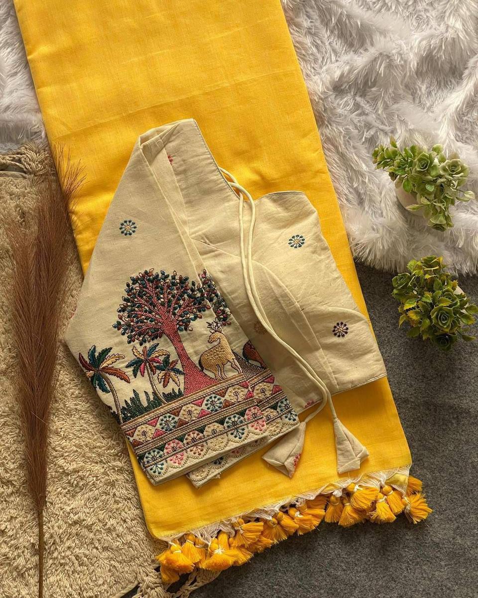 Khadi Cotton Plain Saree with Long Sleeve Embroidered Readymade Blouse – 99 AED