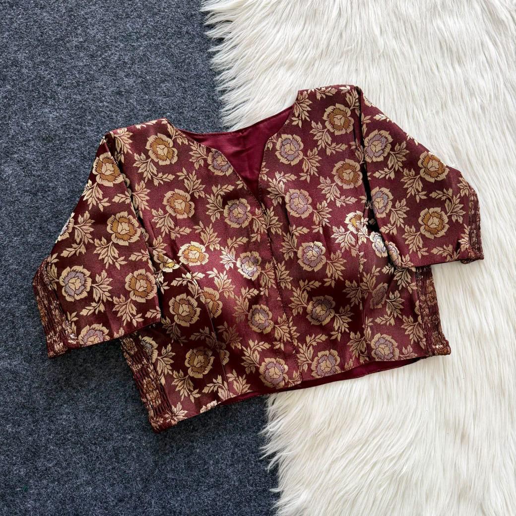 Side Elastic Stretchable Brocade Silk Cotton Blouse – 55 AED