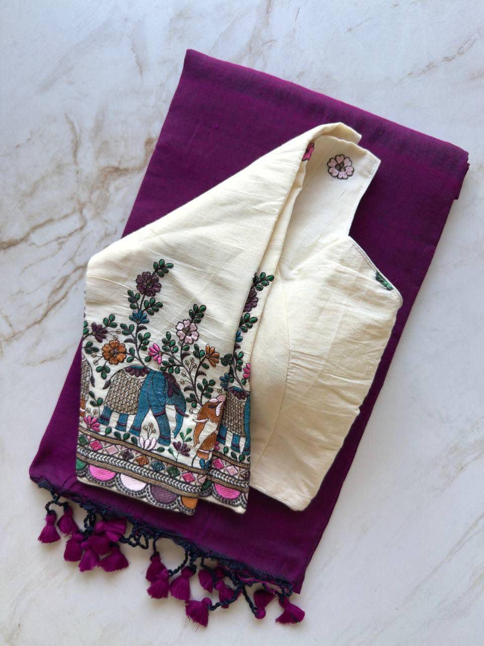 Khadi Cotton Plain Saree with Long Sleeve Embroidered Readymade Blouse – 99 AED