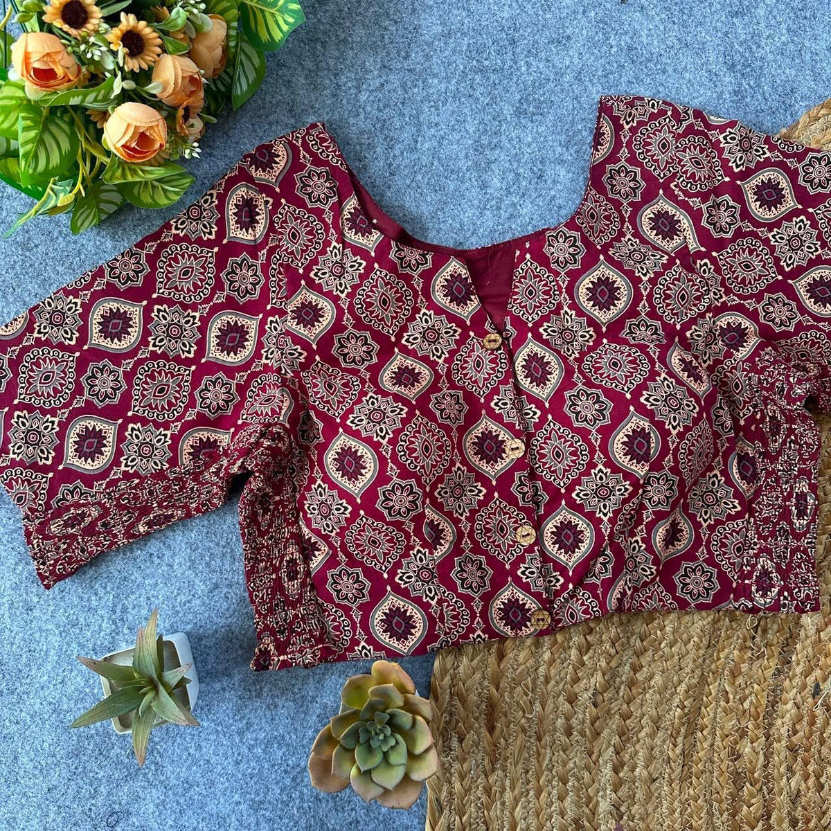 Stretchable Side Elastic Ajrakh Cotton Blouse – 50 AED